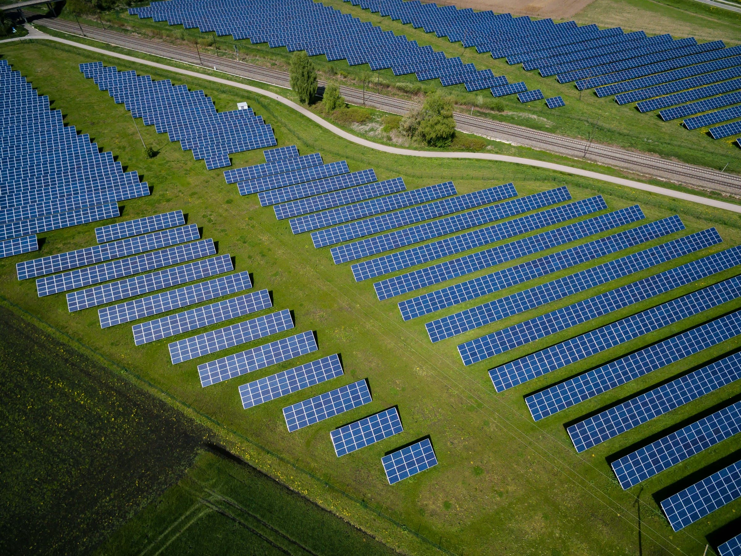 Aerial view of a large-scale solar panel installation